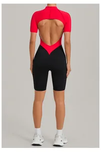 Back view of a red and black color-block backless bodysuit for fitness and yoga activities.