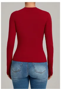 Back view of a slim-fit dark red long-sleeve yoga top for women's high-intensity fitness