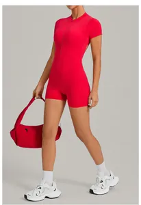 Professional slim fit red backless yoga bodysuit with half-zip front and short sleeves