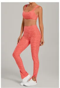 Heathered coral yoga set featuring sports bra and high-waisted flared button pants