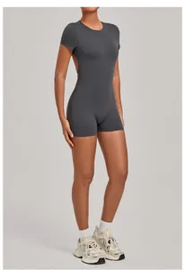 Detailed side view of a grey backless tight-fitting athletic yoga bodysuit for gym