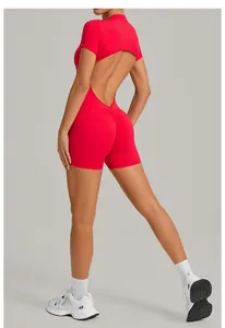 Back view of a red backless sports romper with scrunch butt detail and short sleeves