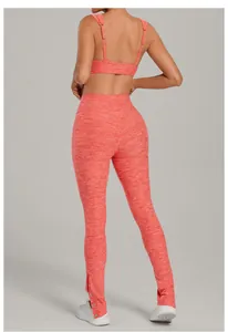 Back detail view of a heathered reddish-orange yoga set with adjustable straps