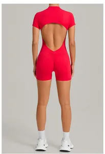 Back view of red open-back yoga bodysuit with scrunch butt detail and short sleeves