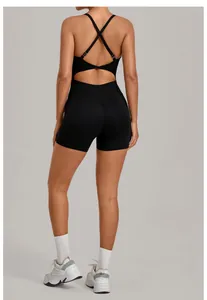 Back view of black one-piece yoga bodysuit with crisscross straps and cut-out detail