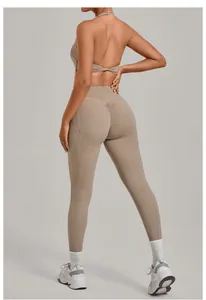 Detailed back view of nude high-waist scrunch butt leggings and backless yoga set