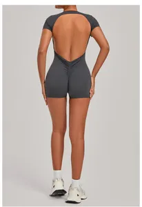 Women's backless one-piece yoga bodysuit with scrunch butt lifting detail in dark gray