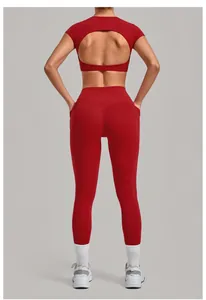 Back view of red two-piece yoga workout set with open back top and leggings