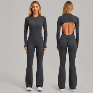 Women Yoga Jumpsuit Nylon Spandex Stand Collar Long Sleeve Backless Flare Leg Athletic One Piece Running Bodysuit Sportwear
