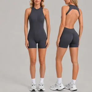 Body da Yoga Donna con Schiena Scoperta 26332 Mezza Cerniera Tuta Sportiva Nylon Spandex Fitness Pagliaccetto Sportivo Sopra E Sotto