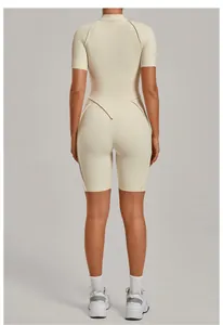 Detailed back view of a cream high-intensity short-sleeve yoga one-piece athletic suit