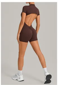 Detailed back view of a brown backless athletic romper featuring a scrunch butt design for fitness