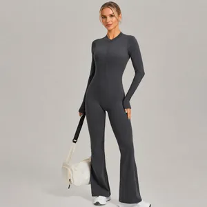 Gray long-sleeve flared yoga jumpsuit with zipper stand collar and slim fit design