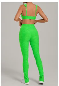 Back view of neon green yoga set with adjustable straps and brushed fabric texture