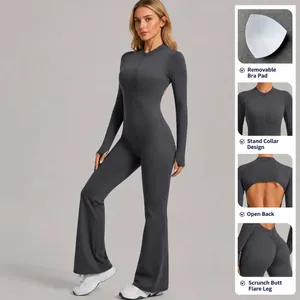 Long sleeve one-piece yoga jumpsuit with flare legs, stand collar, and ruched butt detail.