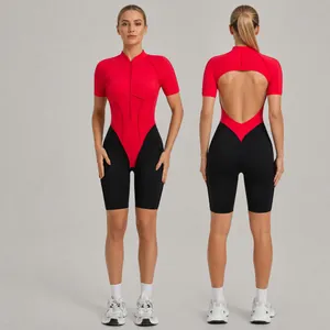 Women Fitness Bodysuit Color Block Stand Collar Zipper Backless Yoga Unitard Tight Running Sportswear Jumpsuit Gym Athletic Apparel