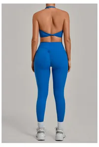 Back view of blue naked-feel sports yoga set featuring high-waisted scrunch butt leggings