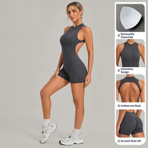 Tuta da yoga intera senza schiena per donna con cerniera e arricciatura sul sedere.