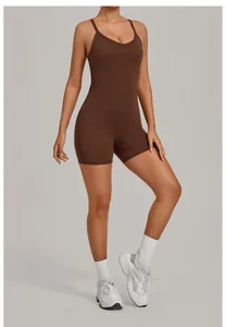 Brown chicken heart neck one-piece yoga jumpsuit with tummy control on model