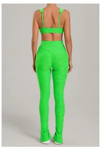 Back view of neon green brushed yoga set with adjustable straps and flared pants