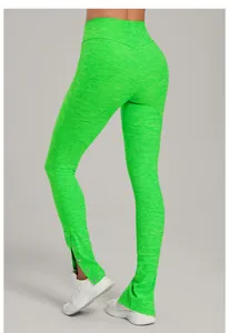 Vibrante neongrüne High Waist Yoga-Schlaghose mit geschlitzten Knöchel-Druckknöpfen