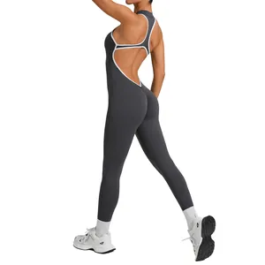 Rückenfreier Yoga-Jumpsuit mit Kontraststreifen und Po-Effekt für sportliches Training