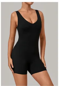 Professionele mouwloze zwarte yoga bodysuit met U-hals voor fitness en dagelijkse sport