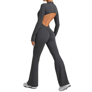 Backless long sleeve yoga jumpsuit with flared legs and scrunch butt detail in gray
