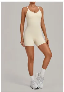 Professional view of cream-colored V-neck yoga jumpsuit with tummy control and lifting