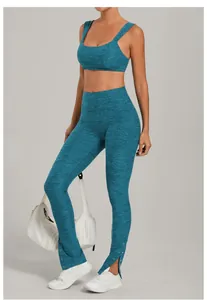 Teal heathered yoga set featuring sports bra and split hem leggings with snap buttons.