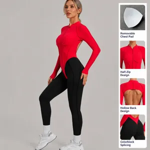 Body de fitness professionnel à manches longues et dos nu, design color-block pour yoga