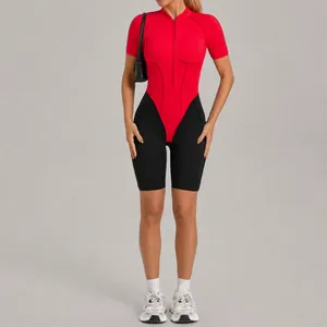 Women's colorblock zip-up athletic bodysuit one-piece for gym fitness and yoga wear