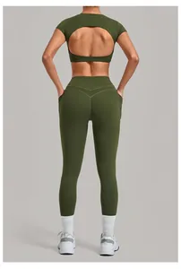 Rear view of olive green yoga set with back cutout top and high-waisted leggings