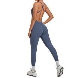Rugloze yoga jumpsuit met gekruiste rug in stoffig blauw voor fitness en sport bij dames