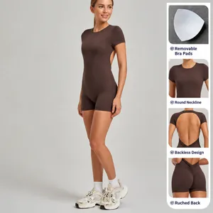 Tight backless short sleeve yoga bodysuit with scrunch butt and removable pads