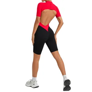Back view of a red and black backless one-piece athletic bodysuit for yoga and fitness.