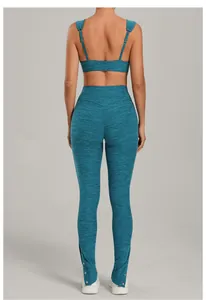 Back view showing adjustable straps and space-dye fabric of blue two-piece yoga set