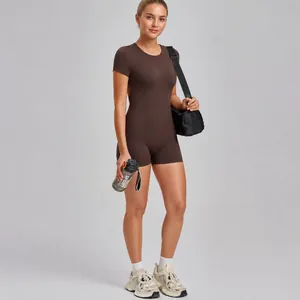 Women's tight-fitting brown yoga jumpsuit for professional gym workout and running fitness