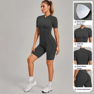 Women's high-impact yoga bodysuit with half-zip stand collar and short sleeve design