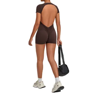 Brown backless scrunch butt yoga jumpsuit for fitness and gym wear