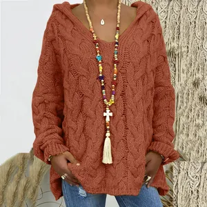 Vue détaillée de la maille torsadée d'un pull à capuche ample de couleur brique