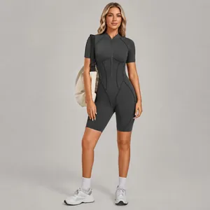 Professional women's high-intensity zip-up one-piece yoga fitness jumpsuit in dark grey