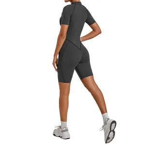 Short sleeve yoga jumpsuit with stand collar and half-zip design in dark grey