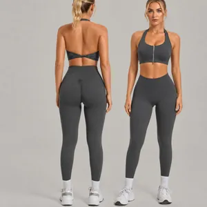 Women Seamless Naked Feel Yoga Top And Bottom Zip Sports Bra Scrunch Butt Lifting Leggings Activewear Workout Set
