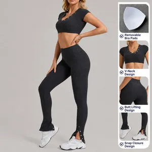 Γυναικείο σετ γιόγκα με crop top V και κολάν καμπάνα με ψηλή μέση και κουμπιά