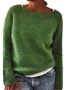 Comfortable women's solid green round neck knitted sweater with a soft and fuzzy mohair texture