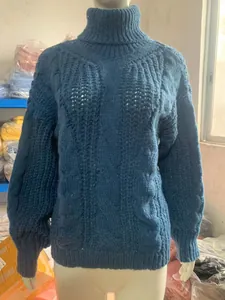 Close-up detail of a teal blue turtleneck cable knit sweater displayed on a white mannequin