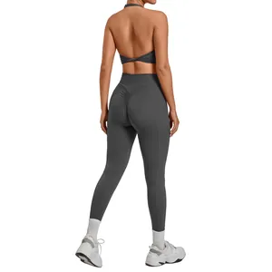 High-waist scrunch butt lifting yoga set with backless halter sports bra for women