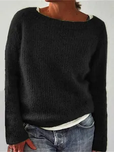 Classic casual women's solid black round neck knit sweater with a relaxed fit for daily wear
