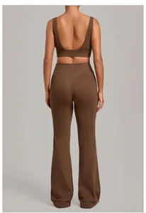 Back view of brown yoga set featuring a sports bra and flared high-waist leggings